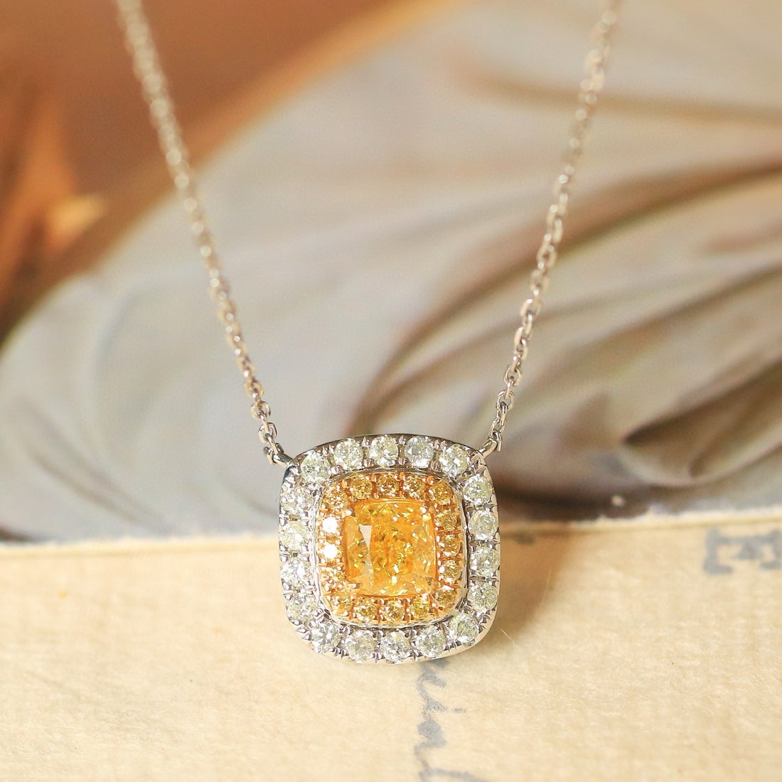 14k Gold 0.88 Ctw Natural Yellow Diamond & Diamond Necklace: Ref:231018259 // gold content:14k gold // main gemstone:yellow diamond // shape:cushion // carat weight:0. 53ct // color:yellow // treatment:natural // // adjacent gemstone 2 : diamond // shape:round