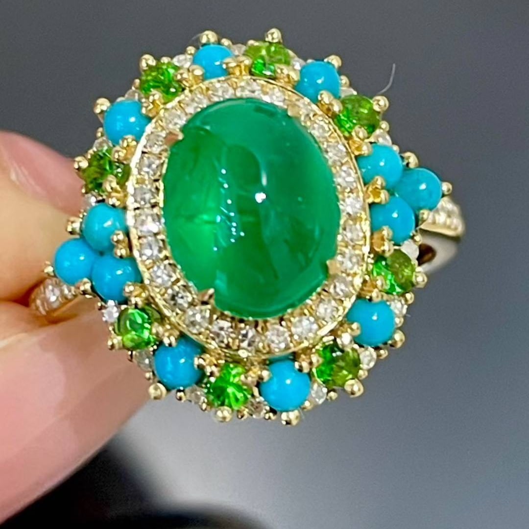 14k Gold 2.05 Ct Vivid Green Natural Emerald & Diamond & Turquoise & Tsavorite Ring: Ref:231018282 // gold content:14k gold // ring size:7. 25us // // main gemstone:emerald // shape:oval // carat weight:2. 05ct // color:vivid green // treatment:natural // // adjacent gemstone 2 :