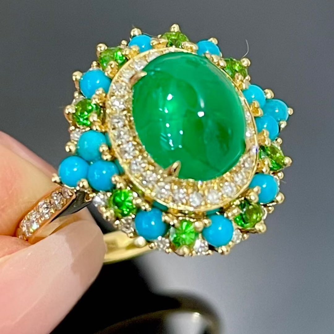 14k Gold 2.05 Ct Vivid Green Natural Emerald & Diamond & Turquoise & Tsavorite Ring - 2