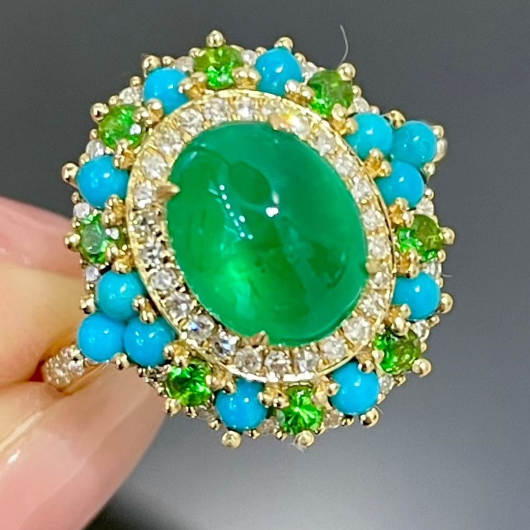 14k Gold 2.05 Ct Vivid Green Natural Emerald & Diamond & Turquoise & Tsavorite Ring - 3