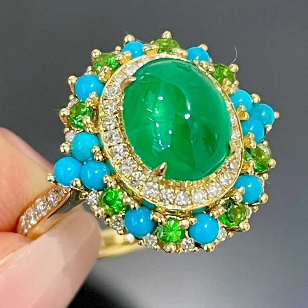 14k Gold 2.05 Ct Vivid Green Natural Emerald & Diamond & Turquoise & Tsavorite Ring - 4