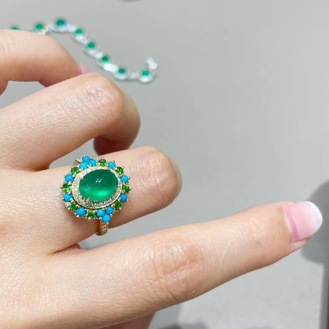 14k Gold 2.05 Ct Vivid Green Natural Emerald & Diamond & Turquoise & Tsavorite Ring - 5