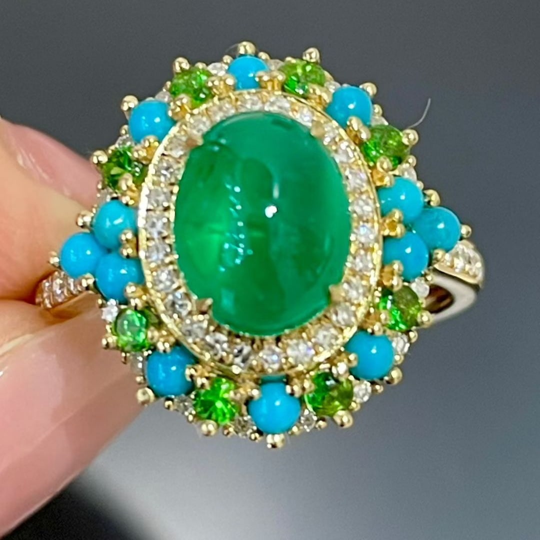 14k Gold 2.05 Ct Vivid Green Natural Emerald & Diamond & Turquoise & Tsavorite Ring - 6