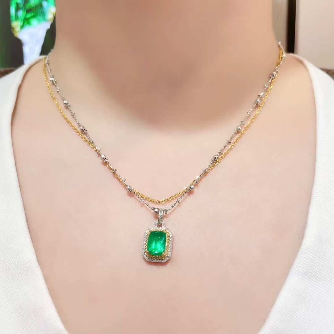 14k Gold 1.3 Ct Vivid Green Natural Emerald & Diamond Pendant( Without Chain ) - 6