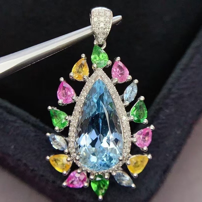 14k Gold 5.3 Ct Natural Aquamarine & Diamond Pendant( Without Chain ) - 4