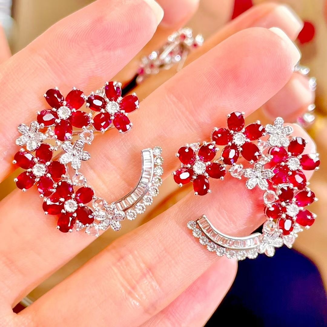 14k Gold 7 Ct Natural Ruby & Diamond Earrings - 2