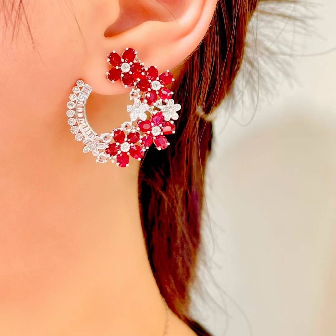 14k Gold 7 Ct Natural Ruby & Diamond Earrings - 3
