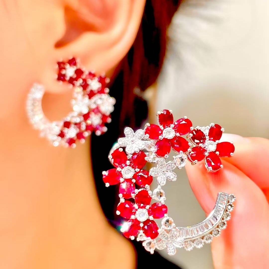 14k Gold 7 Ct Natural Ruby & Diamond Earrings - 4