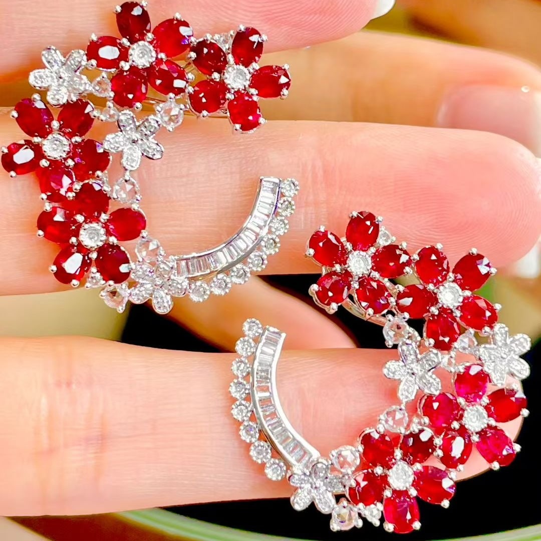 14k Gold 7 Ct Natural Ruby & Diamond Earrings - 5