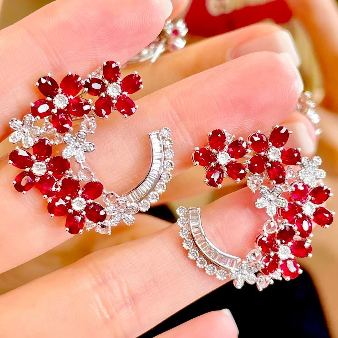 14k Gold 7 Ct Natural Ruby & Diamond Earrings - 6