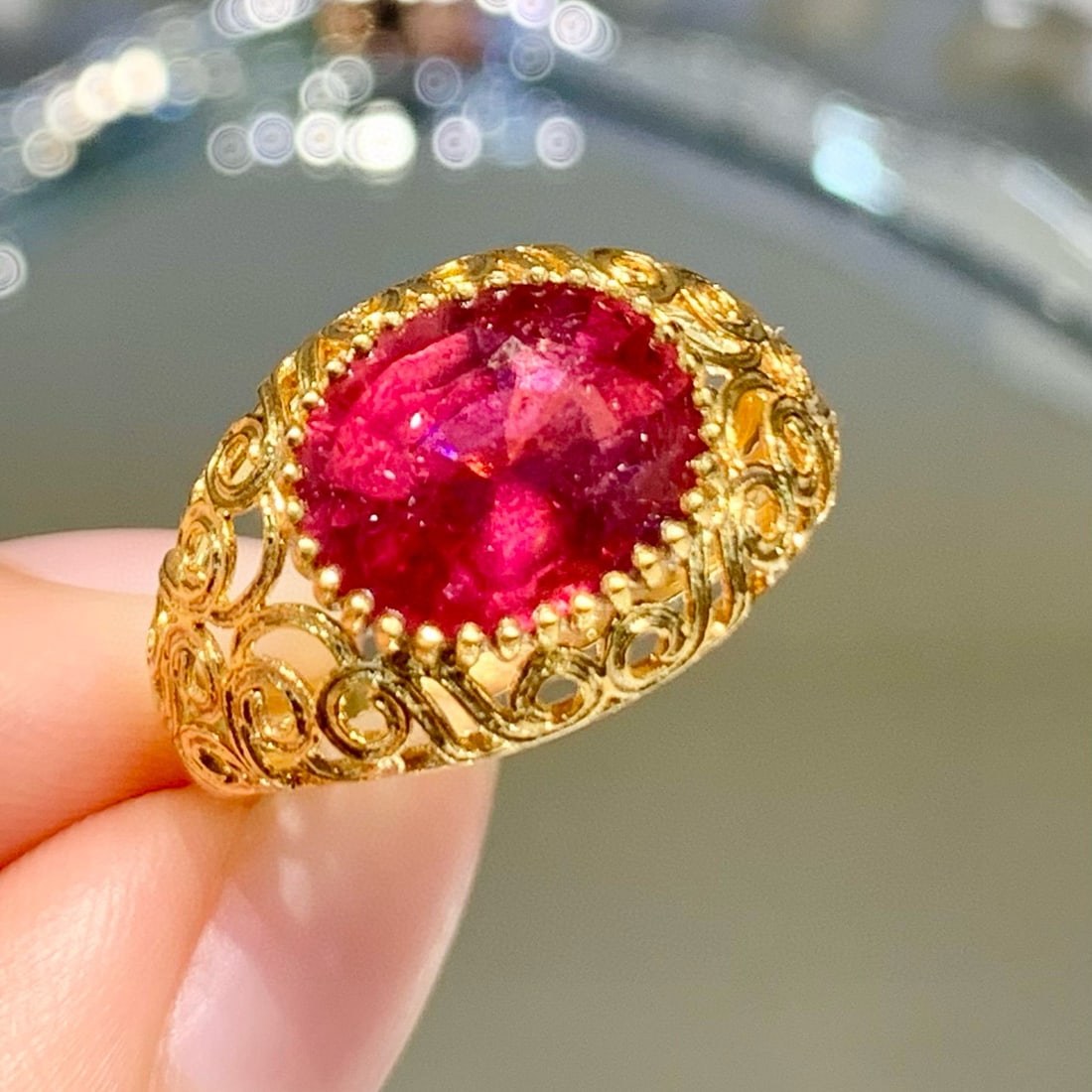 14k Gold 3.6 Ct Natural Tourmaline Ring: Ref:231018324 // gold content:14k gold // ring size:7. 25us // // main gemstone:tourmaline // shape:oval // carat weight:3. 6ct // color:red // treatment:natural // Low Estimate: 4800 Condition: New