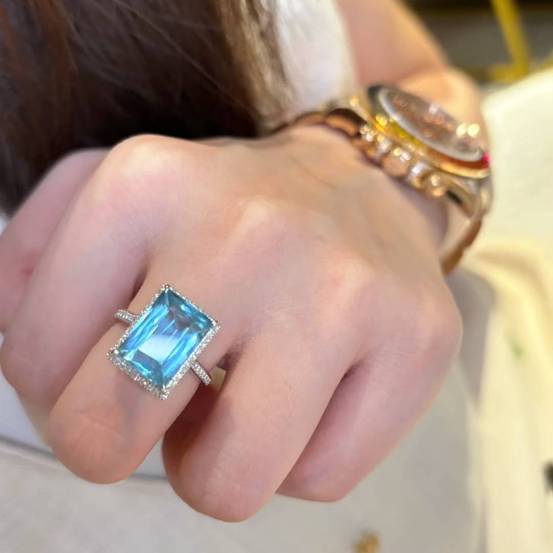 14k Gold 6.37 Ct Natural Aquamarine & Diamond Ring - 5