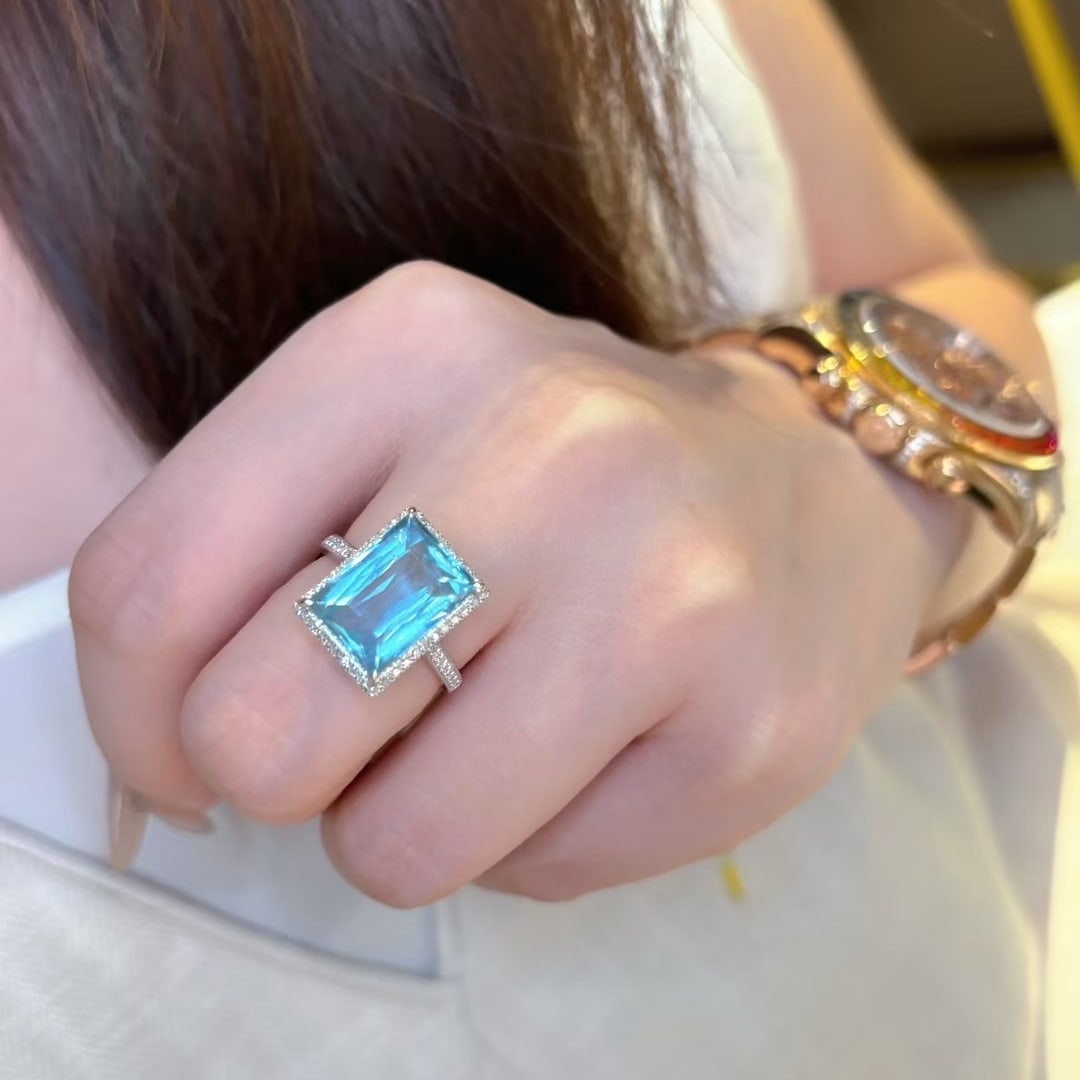 14k Gold 6.37 Ct Natural Aquamarine & Diamond Ring - 6