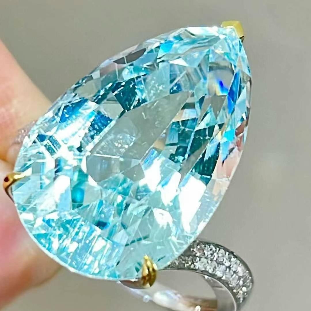 14k Gold 13 Ct Natural Aquamarine & Diamond Ring - 4