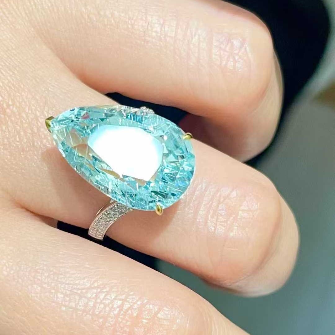 14k Gold 13 Ct Natural Aquamarine & Diamond Ring - 5