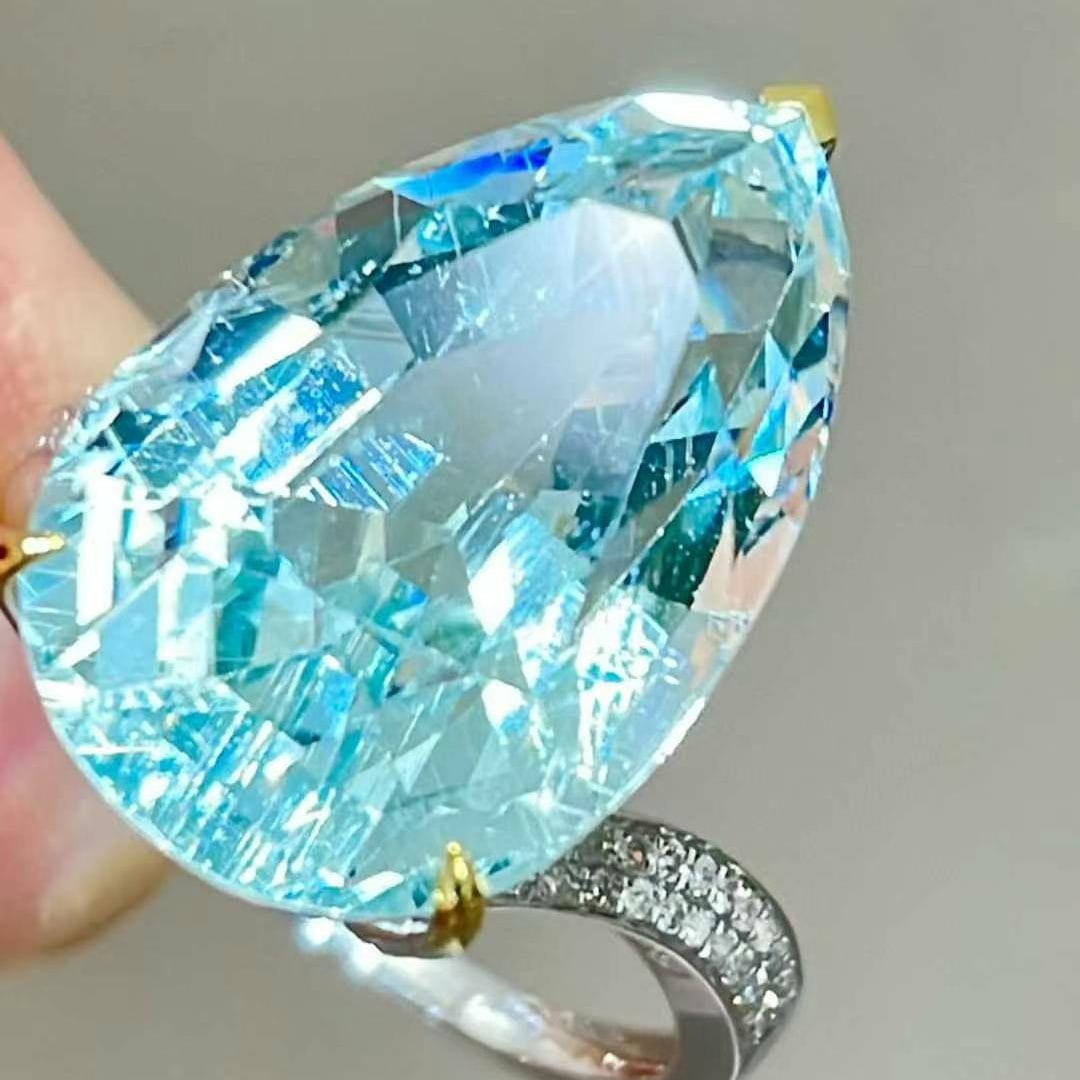 14k Gold 13 Ct Natural Aquamarine & Diamond Ring - 6