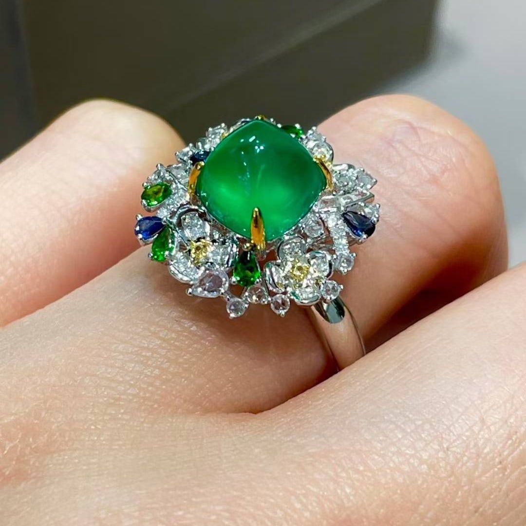 14k Gold 2 Ct Vivid Green Natural Emerald & Diamond & Sapphire & Tsavorite Ring - 3