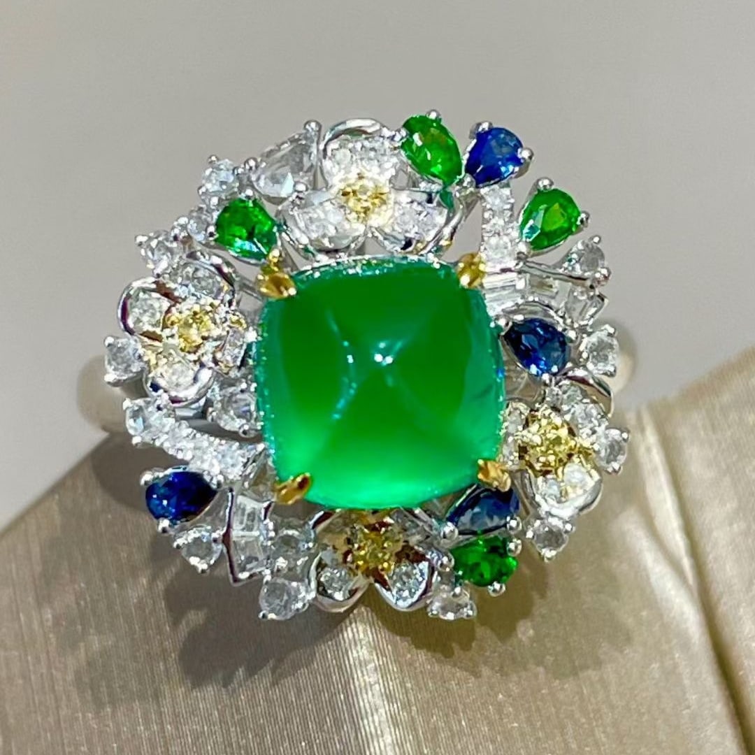 14k Gold 2 Ct Vivid Green Natural Emerald & Diamond & Sapphire & Tsavorite Ring - 4
