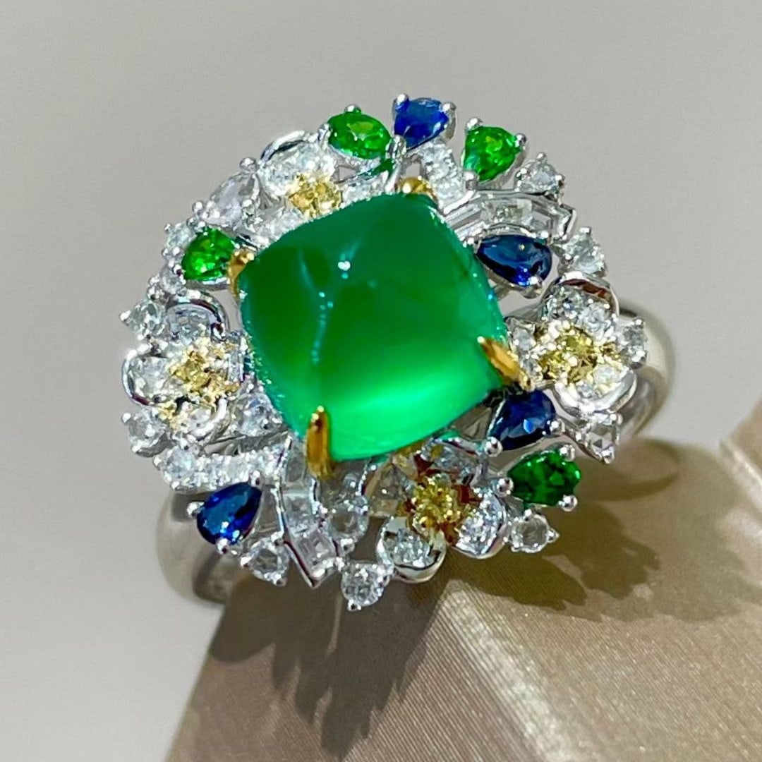 14k Gold 2 Ct Vivid Green Natural Emerald & Diamond & Sapphire & Tsavorite Ring - 6