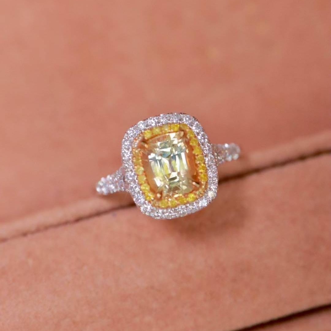 14k Gold 1.38 Ctw Natural Sapphire & Diamond Ring: Ref:231018365 // gold content:14k gold // ring size:7. 25us // // main gemstone:sapphire // shape:cushion // carat weight:1. 05ct // color:yellow // treatment:natural // // adjacent gemstone 2 :