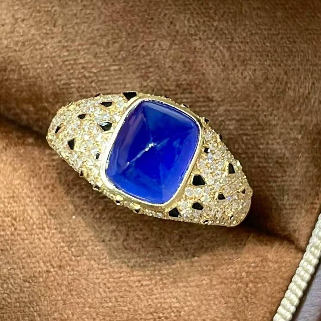 14k Gold 3 Ct Natural Sapphire & Diamond Ring: Ref:231018367 // gold content:14k gold // ring size:7. 25us // // main gemstone:sapphire // shape:suger-loaf // carat weight:3ct // color:royal blue // treatment:natural // // adjacent gemstone 2 :