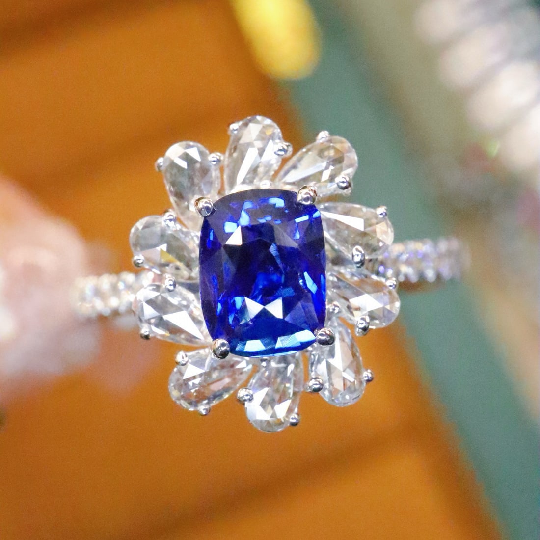 14k Gold 1.44 Ctw Natural Sapphire & Diamond Ring: Ref:231018373 // gold content:14k gold // ring size:7. 25us // // main gemstone:sapphire // shape:cushion // carat weight:1. 00ct // color:royal blue // treatment:natural // // adjacent gemstone 2 :
