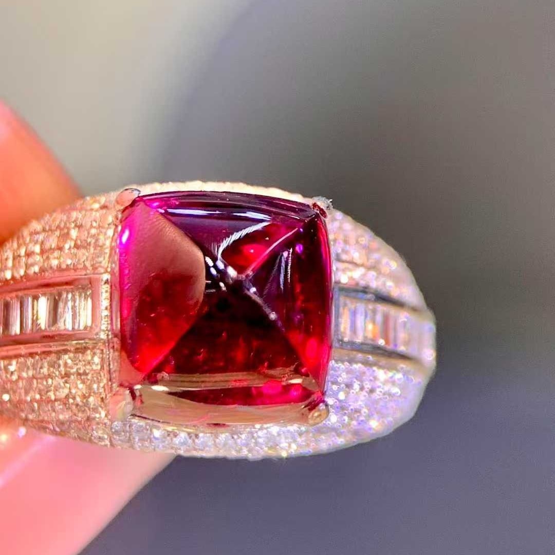 14k Gold 5.6 Ct Natural Tourmaline & Diamond Ring: Ref:231018379 // gold content:14k gold // ring size:7. 25us // // main gemstone:tourmaline // shape:suger-loaf // carat weight:5. 6ct // color:red // treatment:natural // // adjacent gemstone 2 :