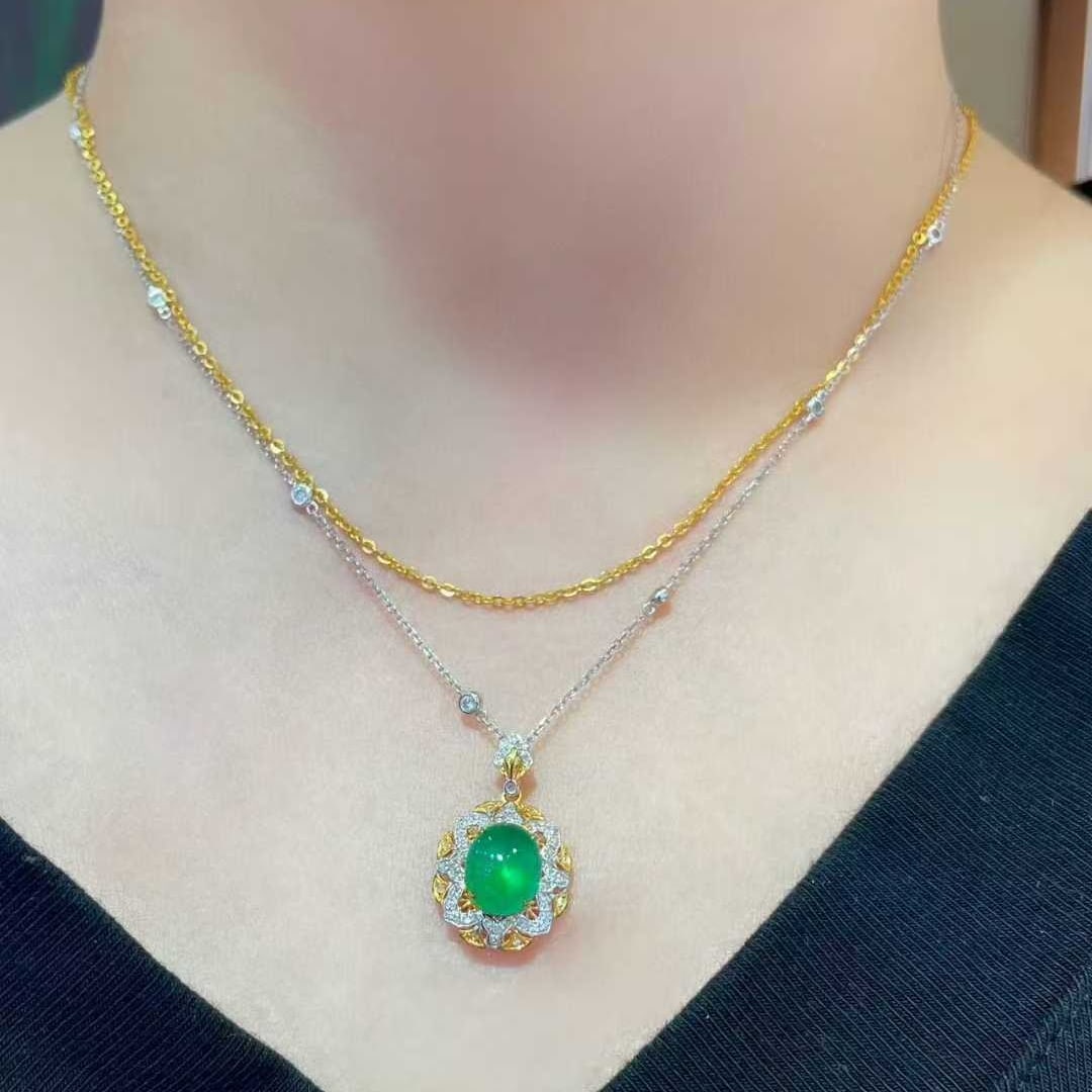14k Gold 2 Ct Vivid Green Natural Emerald & Diamond Pendant( Without Chain ) - 4