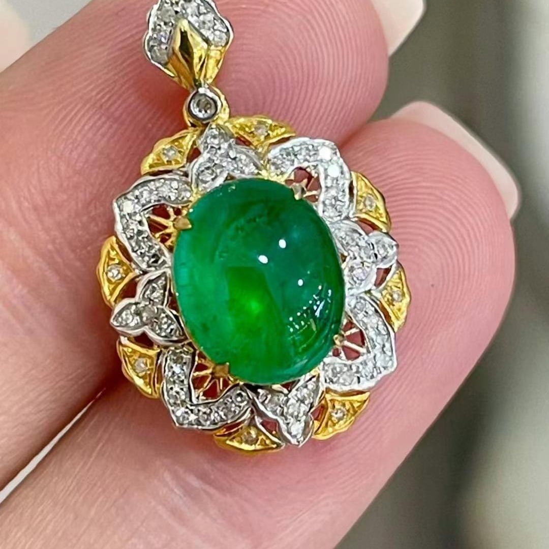 14k Gold 2 Ct Vivid Green Natural Emerald & Diamond Pendant( Without Chain ) - 5