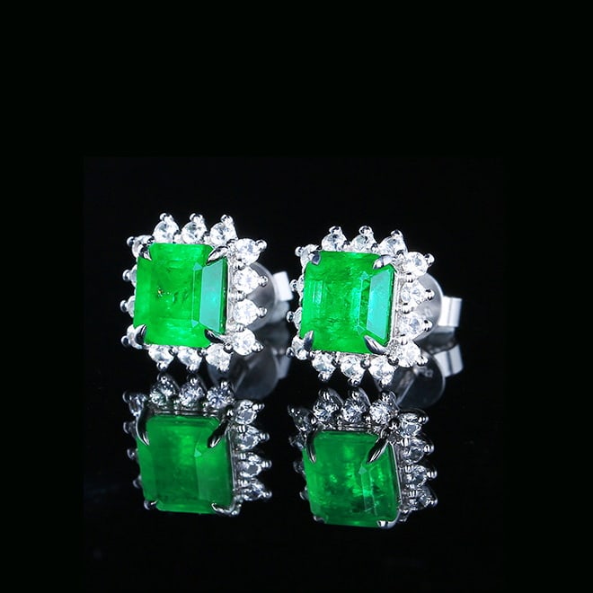 14k Gold 2.1 Ct Vivid Green Natural Emerald & Sapphire Earrings - 2