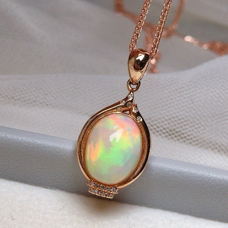 14k Gold 3.5 Ct Natural Opal & Diamond Pendant( Without Chain ) - 5