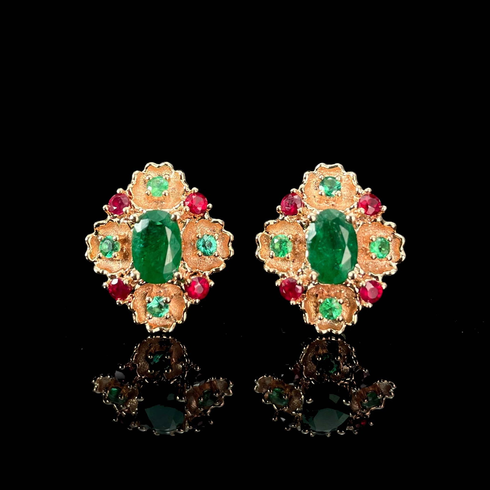14k Gold 1.42 Ctw Natural Emerald & Tsavorite & Ruby Earrings - 2