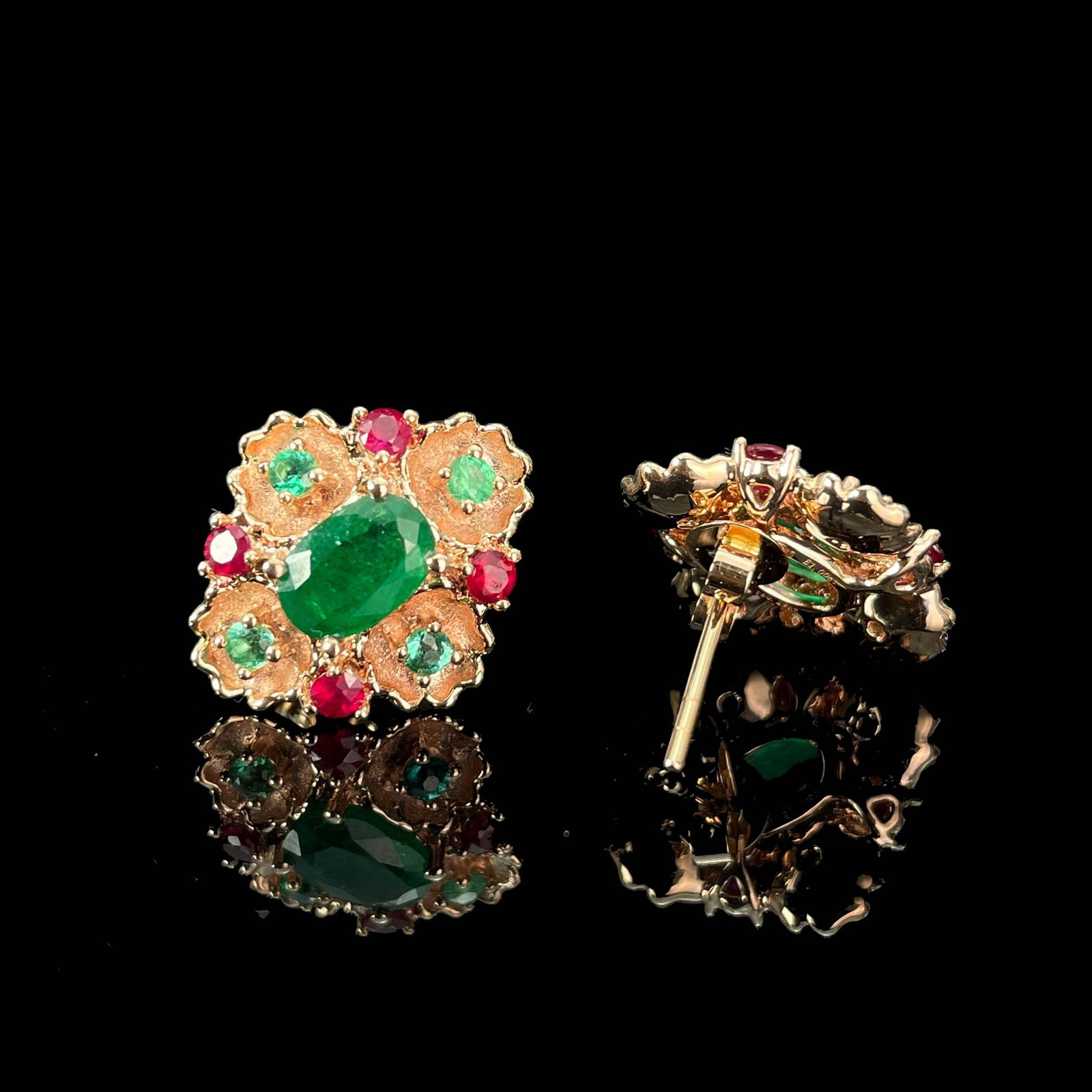 14k Gold 1.42 Ctw Natural Emerald & Tsavorite & Ruby Earrings - 3