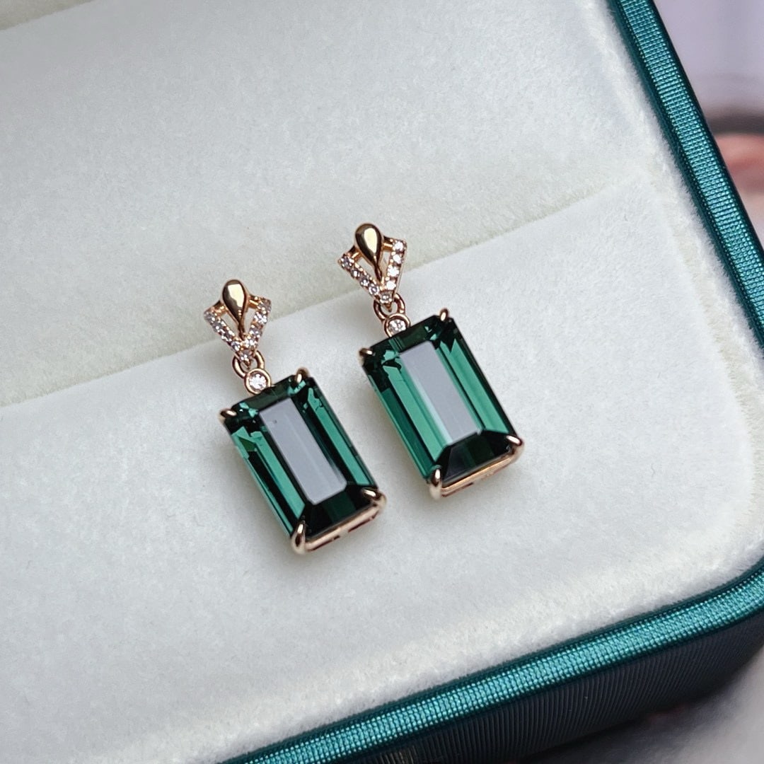 14k Gold 4.6 Ct Natural Tourmaline & Diamond Earrings - 2