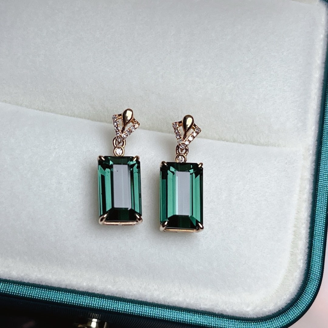 14k Gold 4.6 Ct Natural Tourmaline & Diamond Earrings - 3