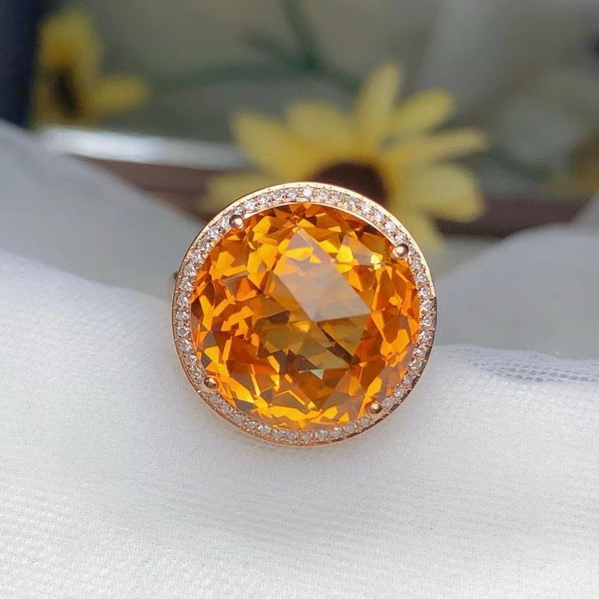 14k Gold 11 Ct Natural Citrine & Diamond Ring: Ref:231019041 // gold content:14k gold // ring size:7. 25us // // main gemstone:citrine // shape:round // carat weight:11ct // color:yellow // treatment:natural // cut grade:g // // adjacent gemstone