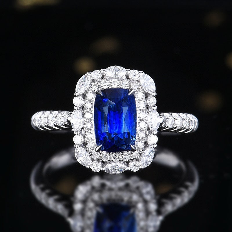 14k Gold 2.68 Ctw Natural Sapphire & Diamond Ring/pendant( Without Chain ): Ref:231019044 // gold content:14k gold // ring size:7. 25us // // main gemstone:sapphire // shape:cushion // carat weight:2. 03ct // color:blue // treatment:natural // // adjacent gemstone 2 :