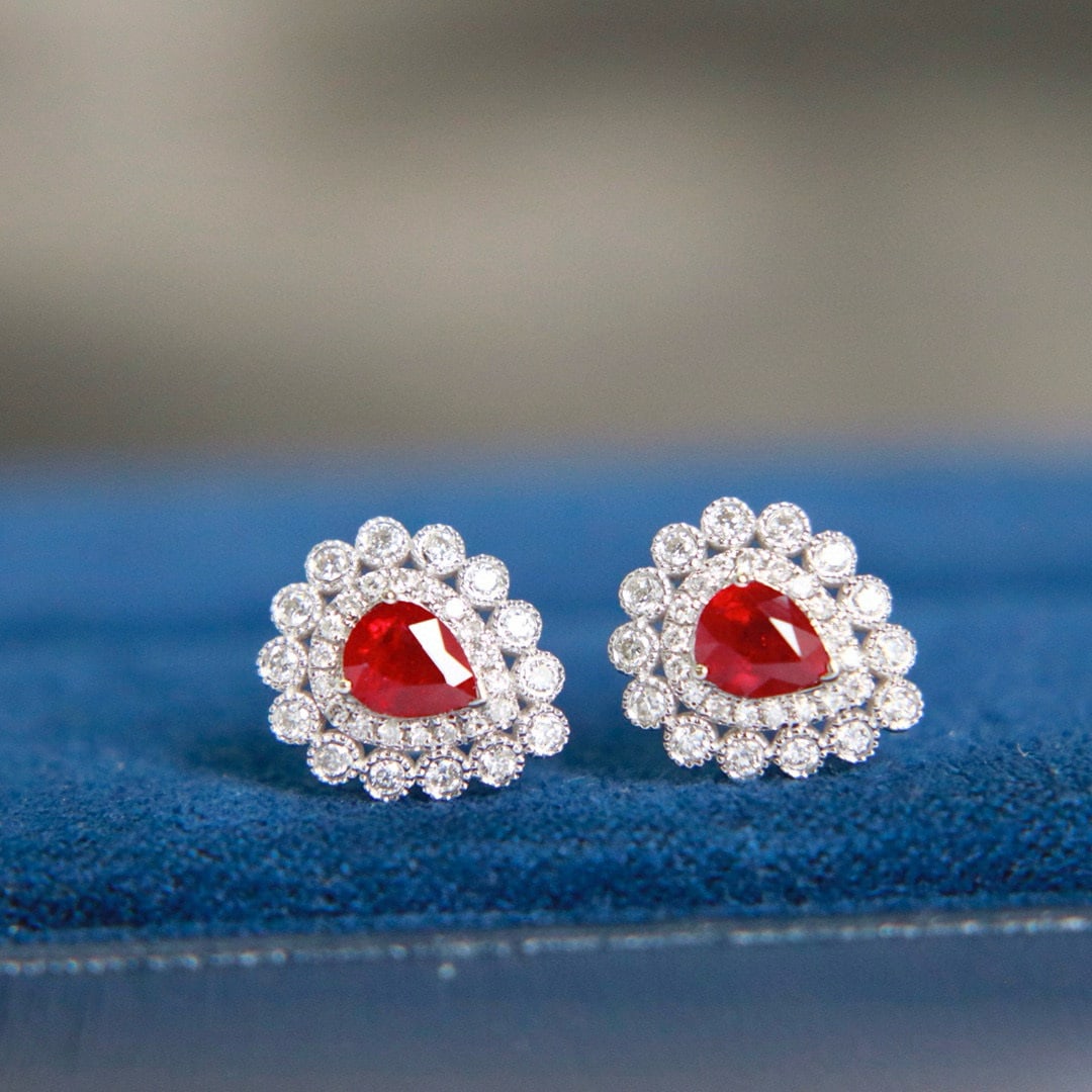 14k Gold 0.98 Ctw Natural Ruby & Diamond Earrings - 2