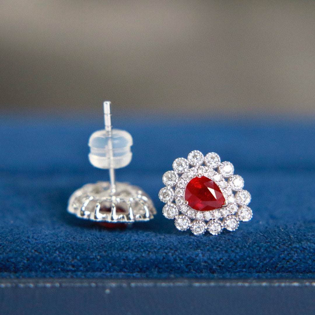 14k Gold 0.98 Ctw Natural Ruby & Diamond Earrings - 3