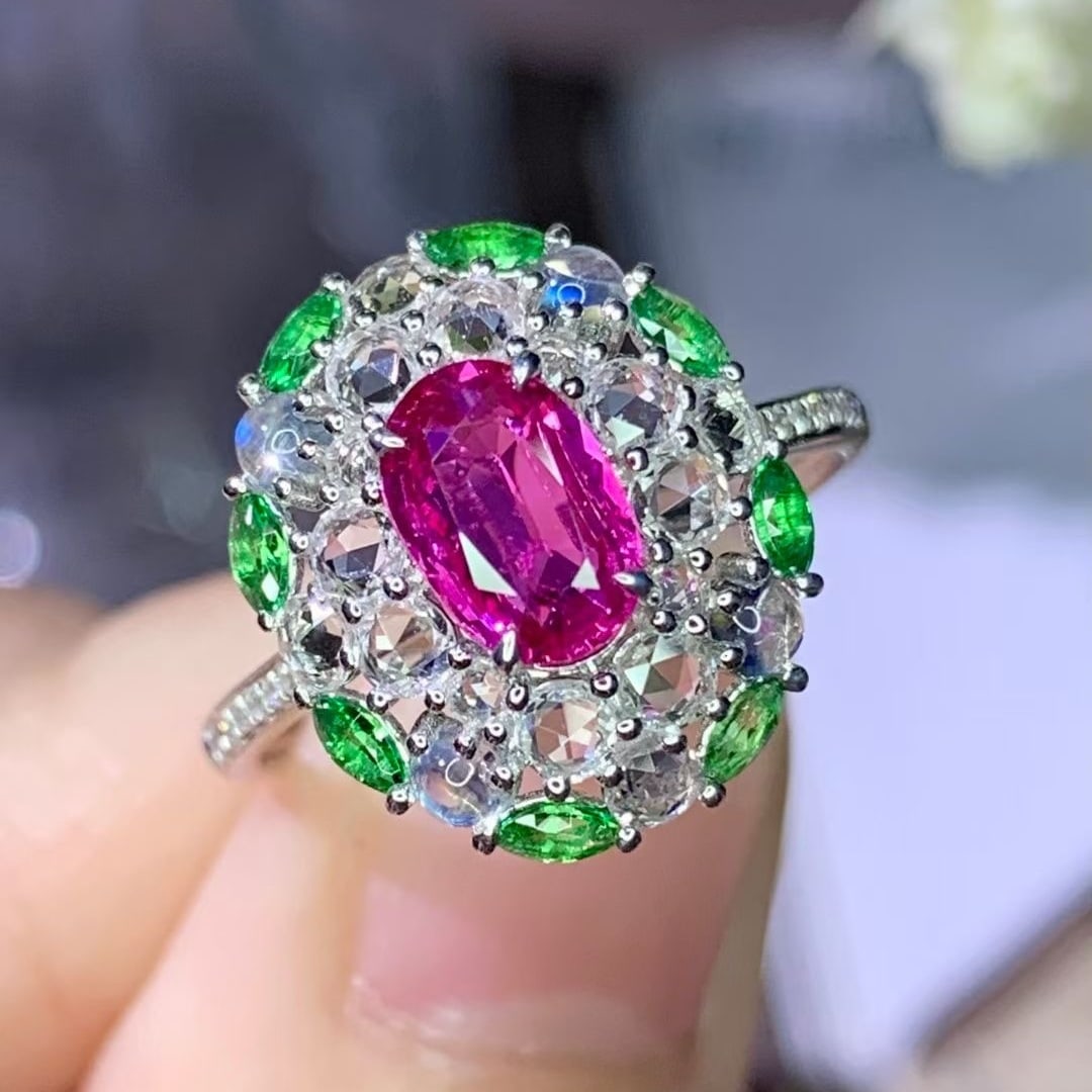 14k Gold 1 Ct Natural Ruby & Sapphire & Tsavorite & Diamond Ring: Ref:231019074 // gold content:14k gold // ring size:7. 25us // // main gemstone:ruby // shape:oval // carat weight:1ct // color:red // treatment:natural // // adjacent gemstone 2 : sapphire //