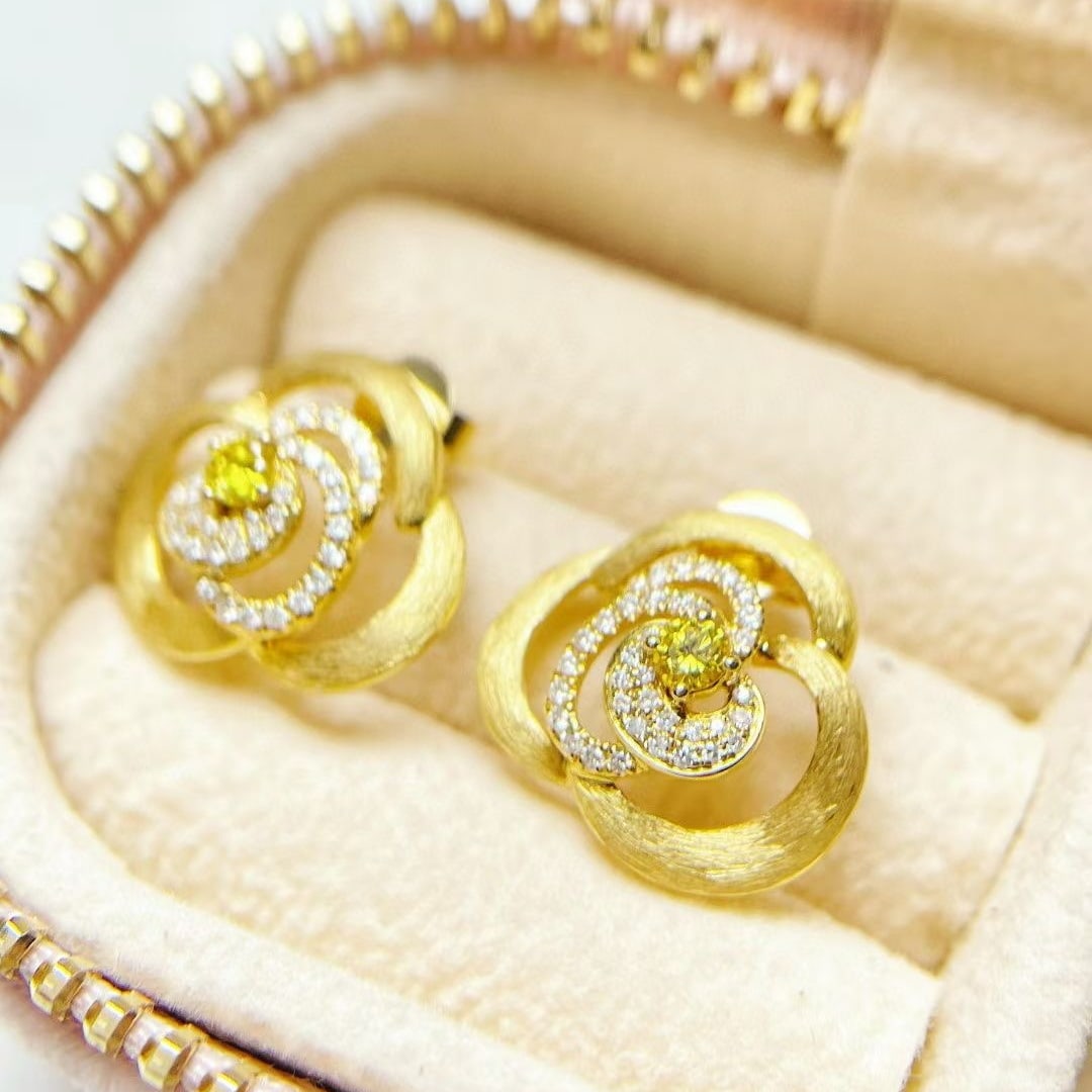 14k Gold 0.64 Ctw Natural Yellow Diamond & Diamond Earrings - 2