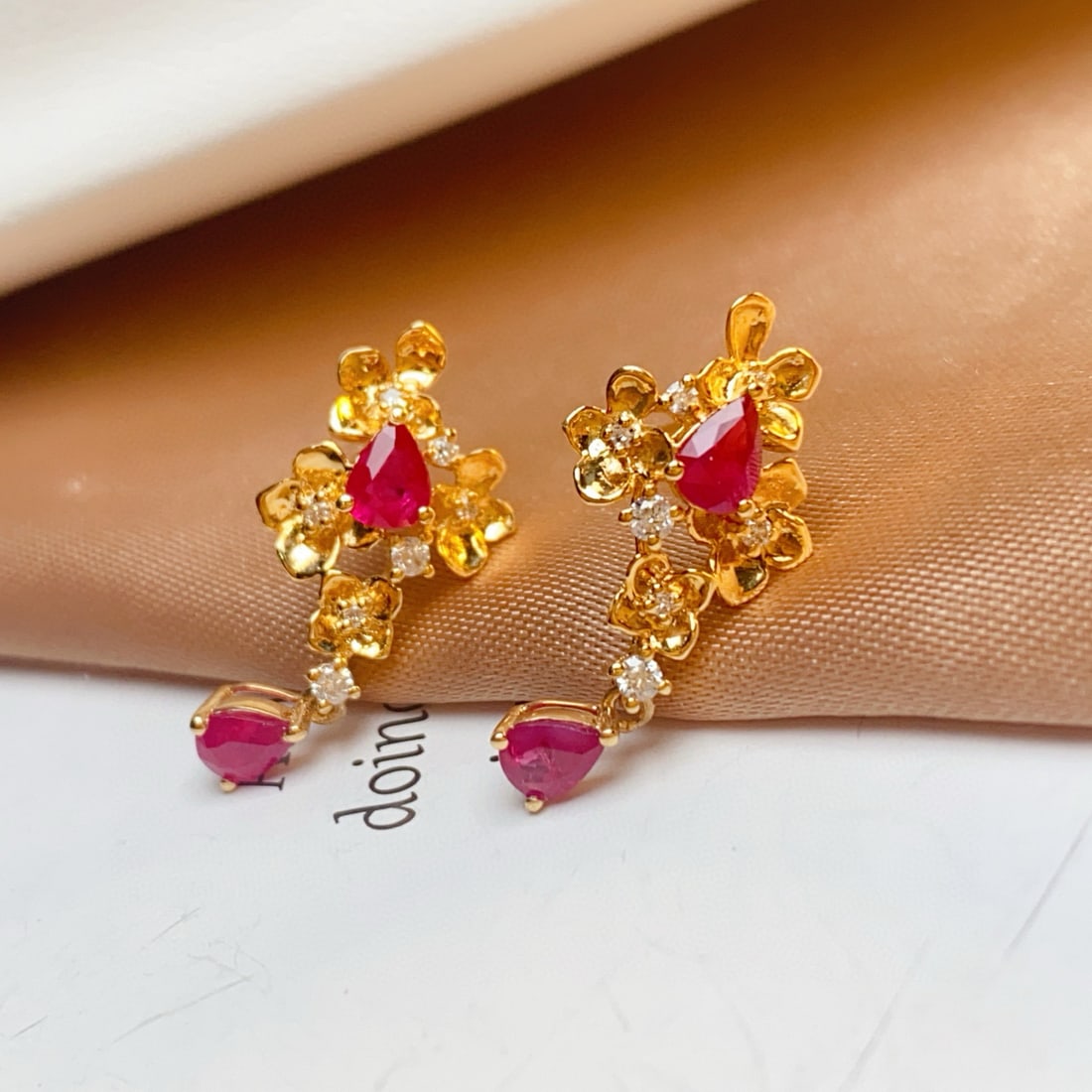 14k Gold 1.3 Ct Natural Ruby & Diamond Earrings - 3