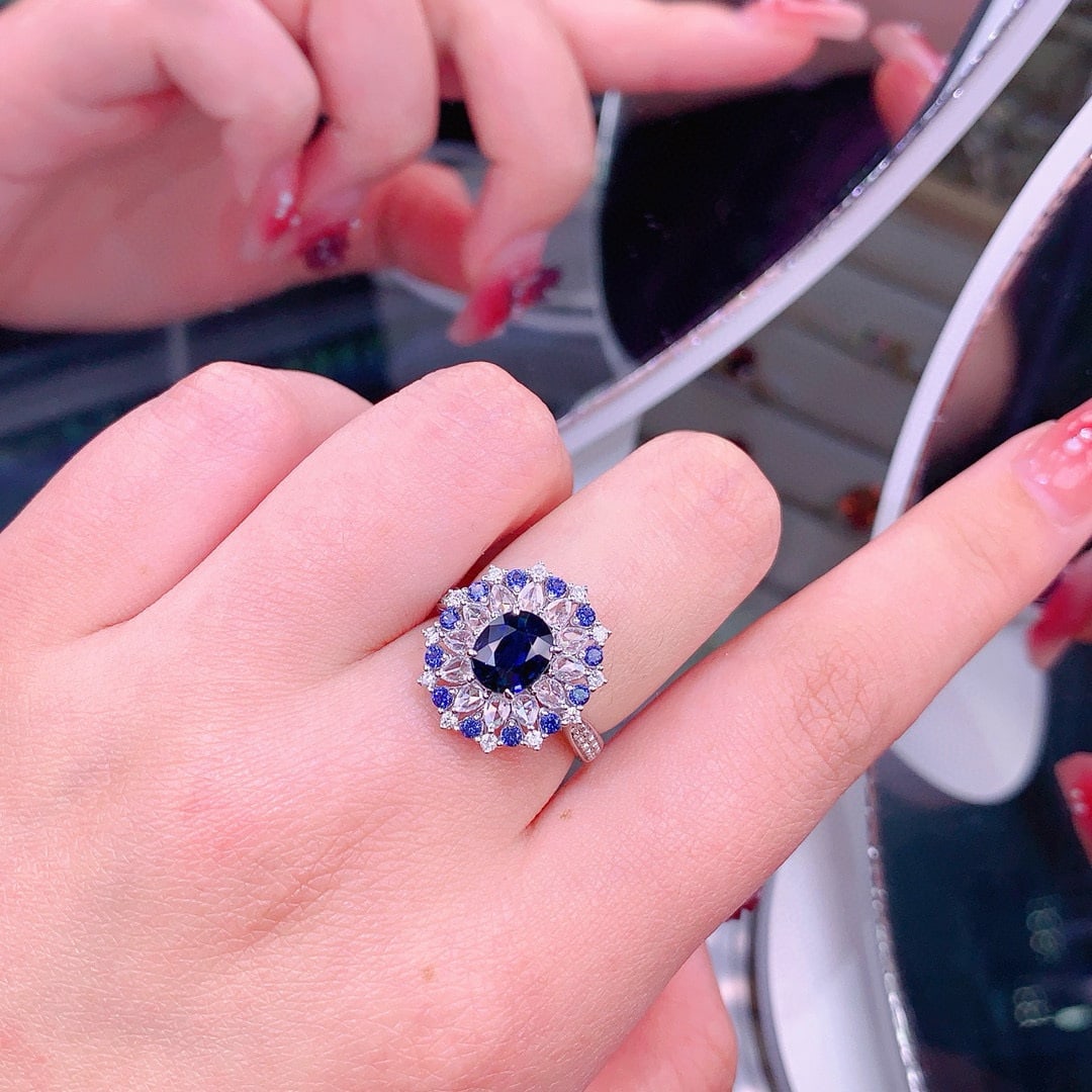 14k Gold 1.27 Ct Natural Sapphire & Diamond & Sapphire Ring - 7