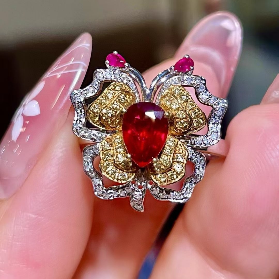 14k Gold 1.73 Ctw Natural Ruby & Diamond Ring/pendant( Without Chain ): Ref:231019114 // gold content:14k gold // ring size:7. 25us // // main gemstone:ruby // shape:pear // carat weight:1. 3ct // color:red // treatment:natural // // adjacent gemstone 2 : yellow diamond