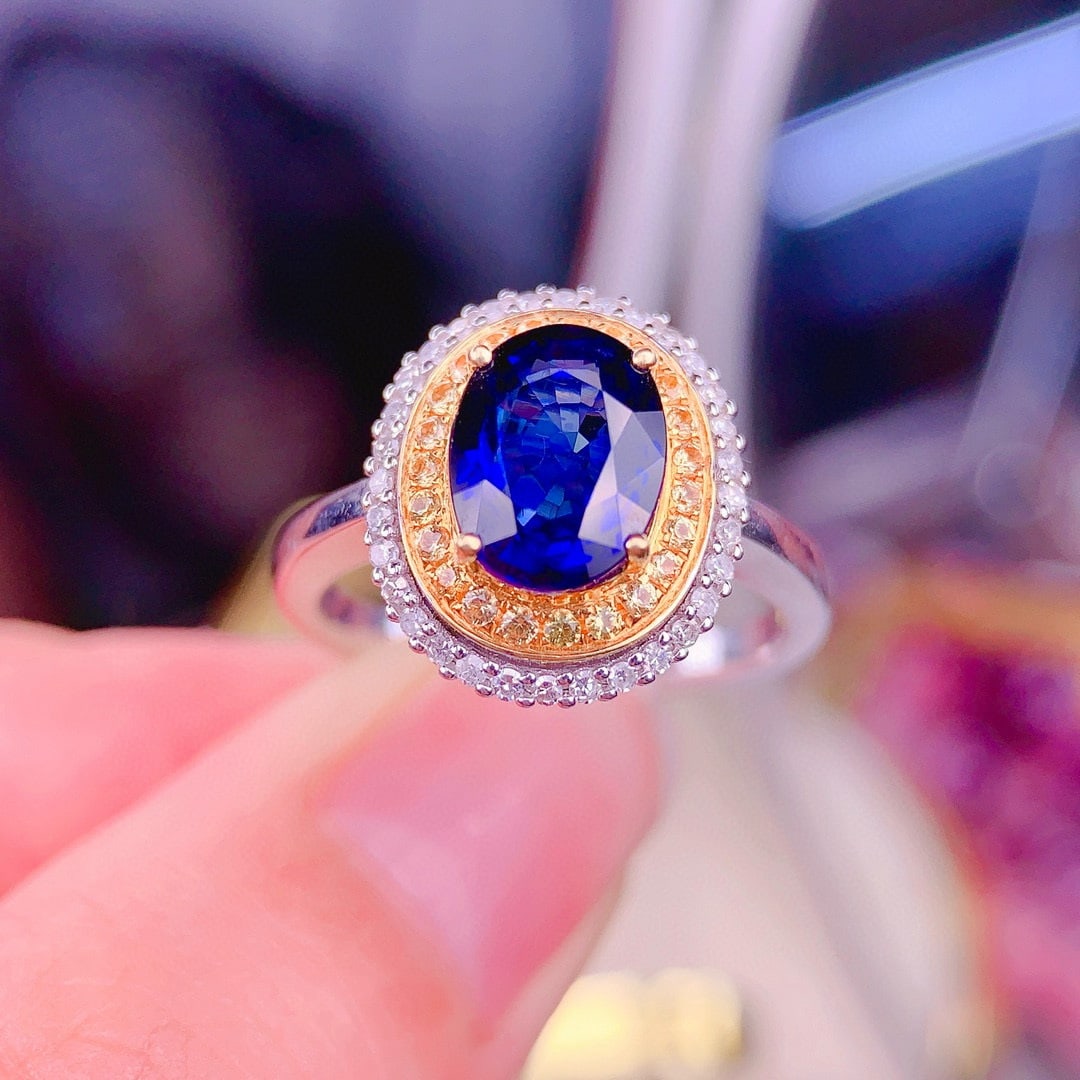 14k Gold 3 Ct Natural Sapphire & Yellow Diamond & Diamond Ring: Ref:231019136 // gold content:14k gold // ring size:7. 25us // // main gemstone:sapphire // shape:oval // carat weight:3ct // color:blue // treatment:natural // // adjacent gemstone 2 : yellow