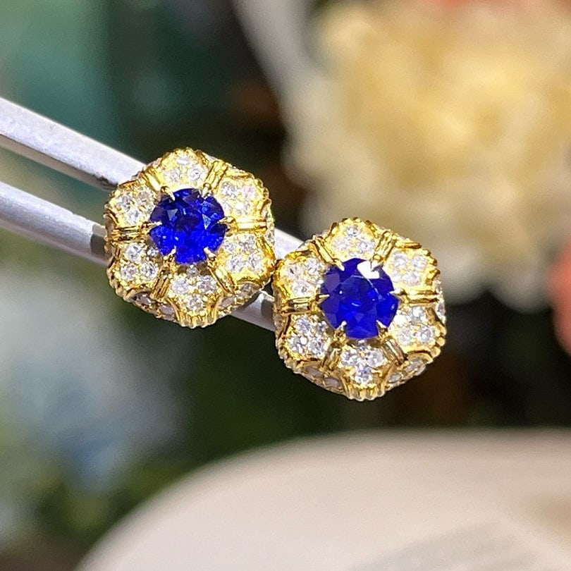14k Gold 1.12 Ctw Natural Sapphire & Diamond Earrings - 2