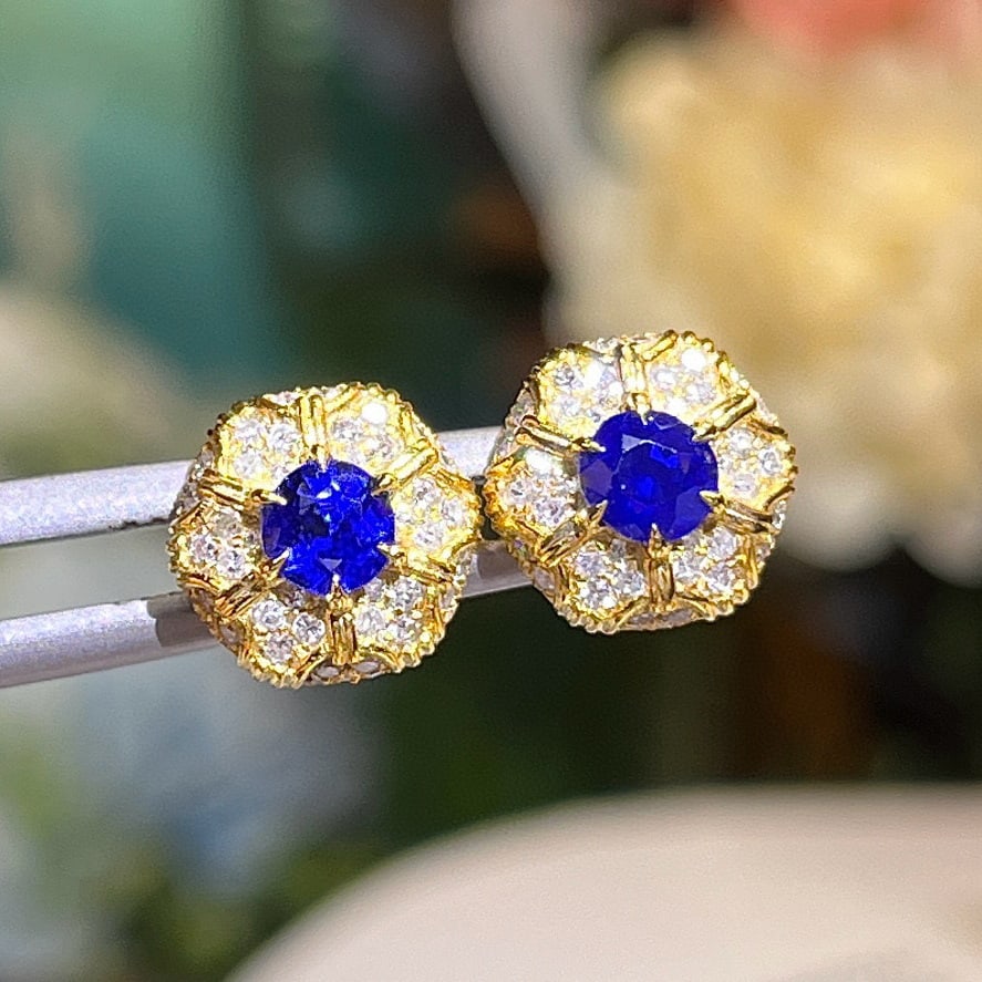 14k Gold 1.12 Ctw Natural Sapphire & Diamond Earrings - 3