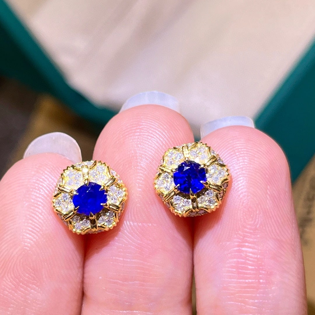 14k Gold 1.12 Ctw Natural Sapphire & Diamond Earrings - 4