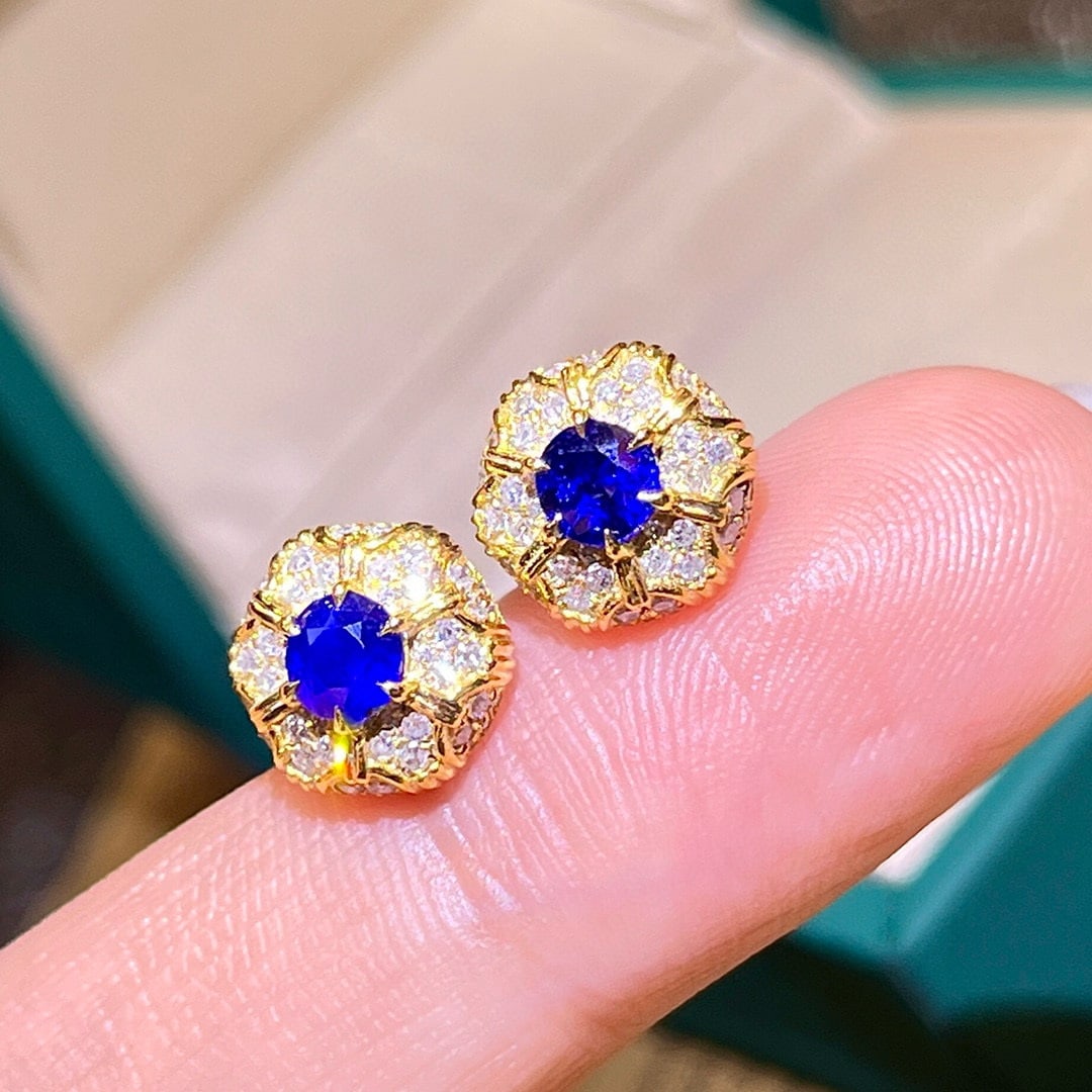 14k Gold 1.12 Ctw Natural Sapphire & Diamond Earrings - 5