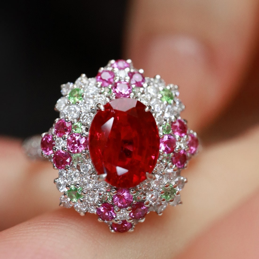 14k Gold 2.15 Ctw Natural Tourmaline & Diamond Ring: Ref:231019146 // gold content:14k gold // ring size:7. 25us // // main gemstone:tourmaline // shape:oval // carat weight:1. 7ct // color:rubellite // treatment:natural // // adjacent gemstone 2 :